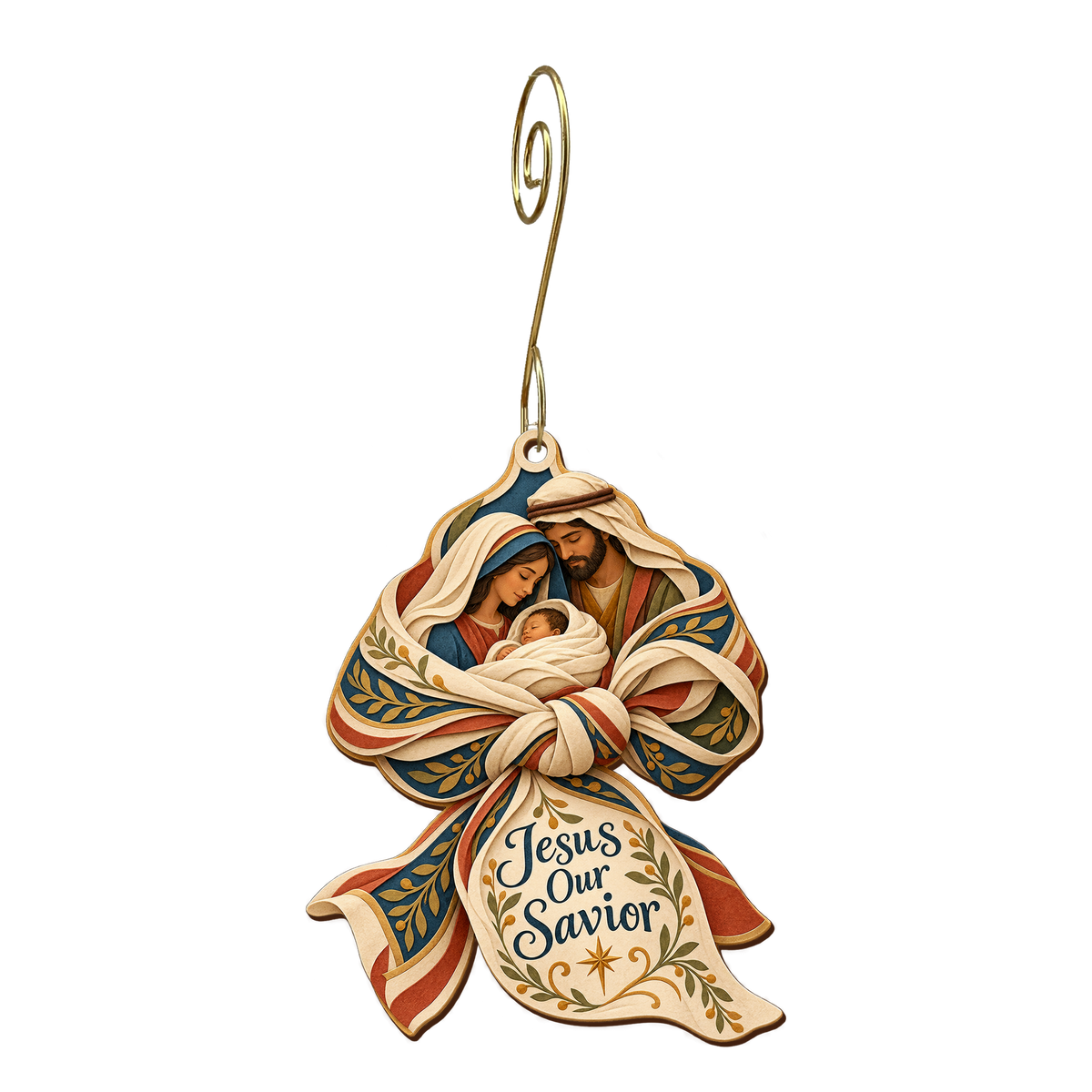 O854 — The Savior's Knot wooden Nativity ornament with gold spiral hook