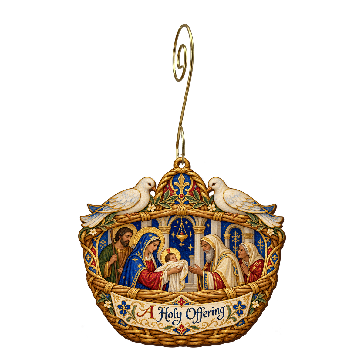 O855 — The Offering Basket wooden Nativity ornament with gold spiral hook