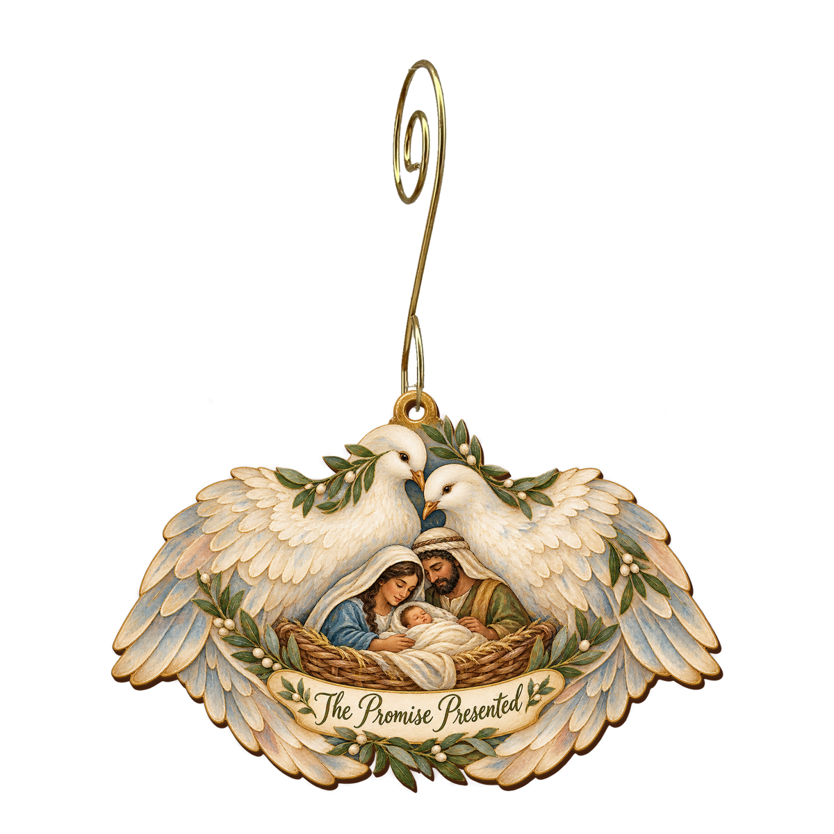 O856 — Two Doves One Promise wooden Nativity ornament with gold spiral hook