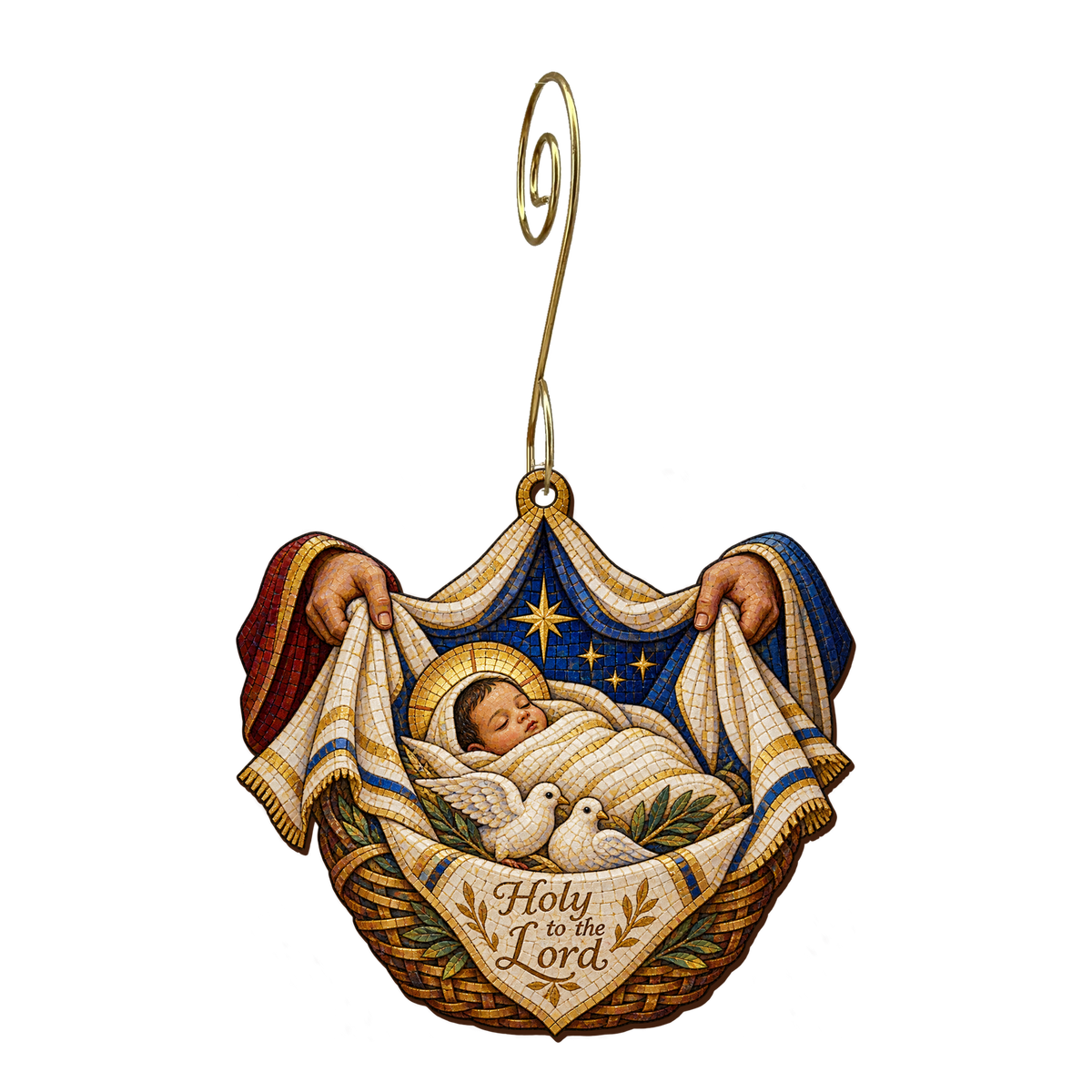 O857 — The Temple Carrying Cloth wooden Nativity ornament with gold spiral hook