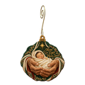 O858 — Old Hands New Hope wooden Nativity ornament with gold spiral hook