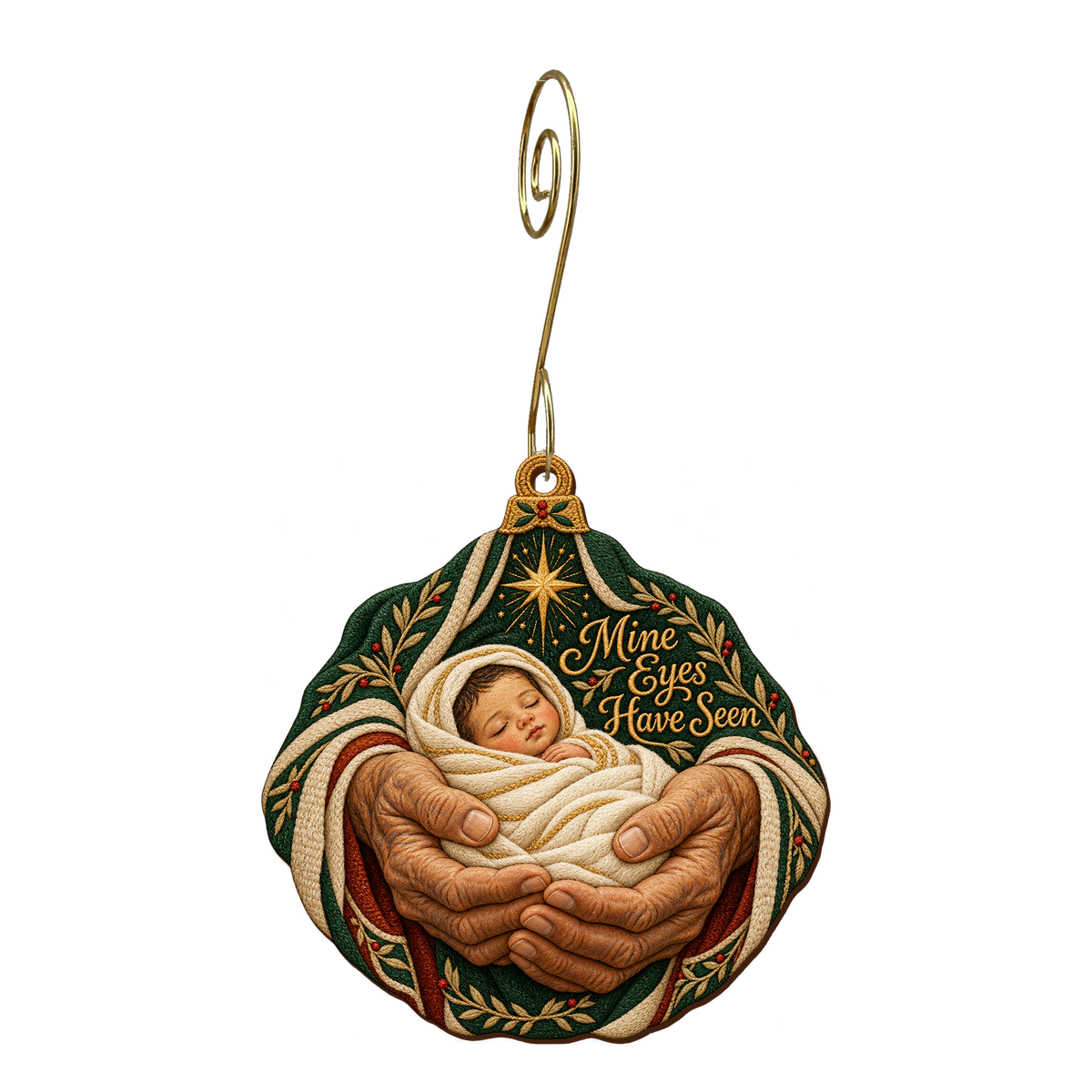 O858 — Old Hands New Hope wooden Nativity ornament with gold spiral hook