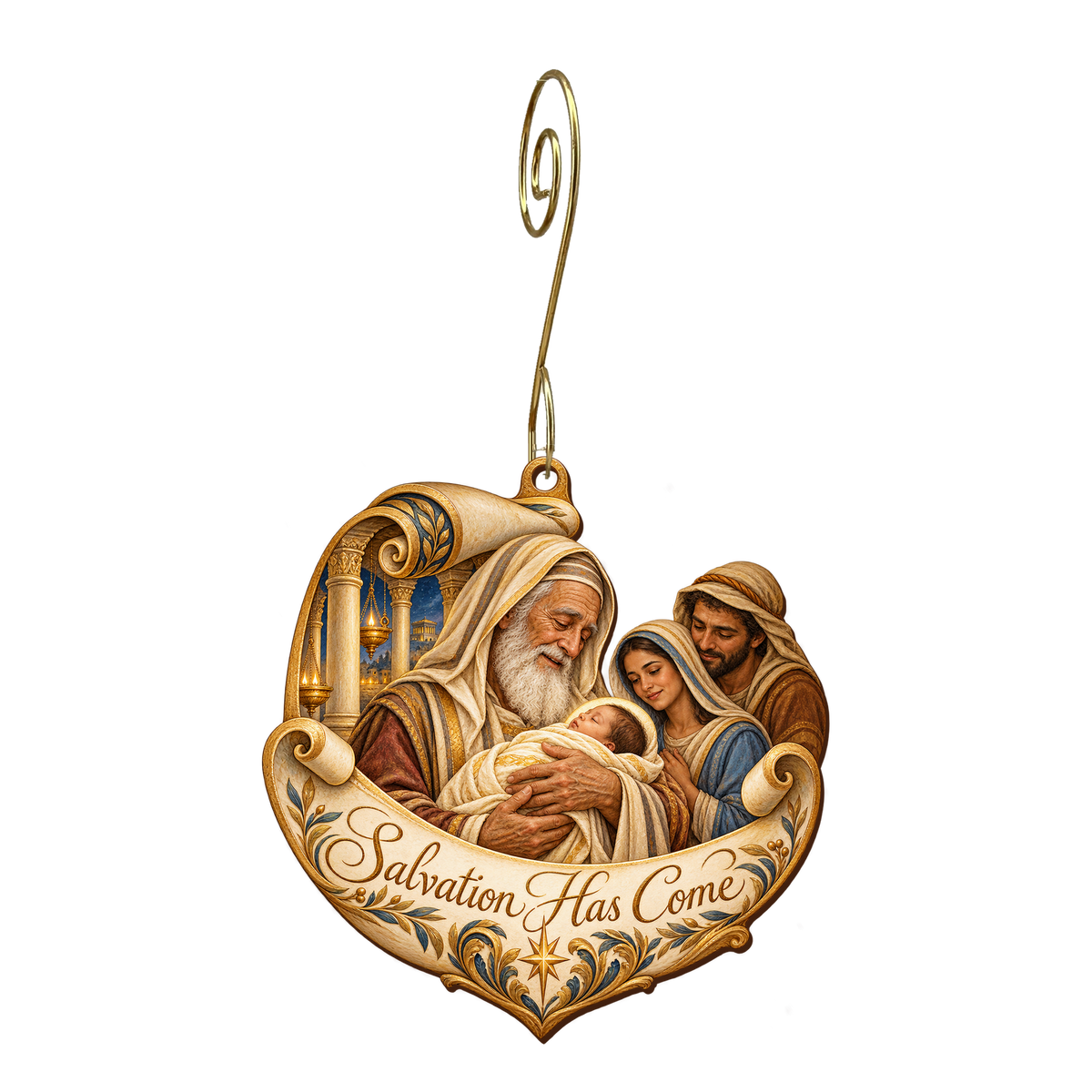 O859 — Simeon's Unrolled Promise wooden Nativity ornament with gold spiral hook