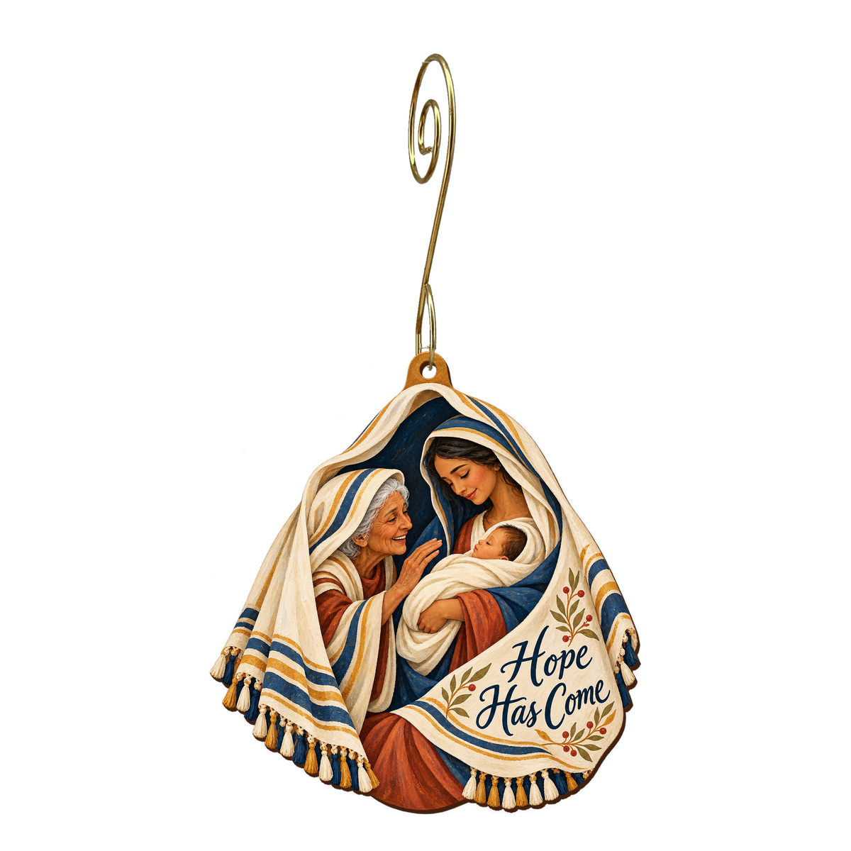 O861 — Anna's Prayer Shawl wooden Nativity ornament with gold spiral hook