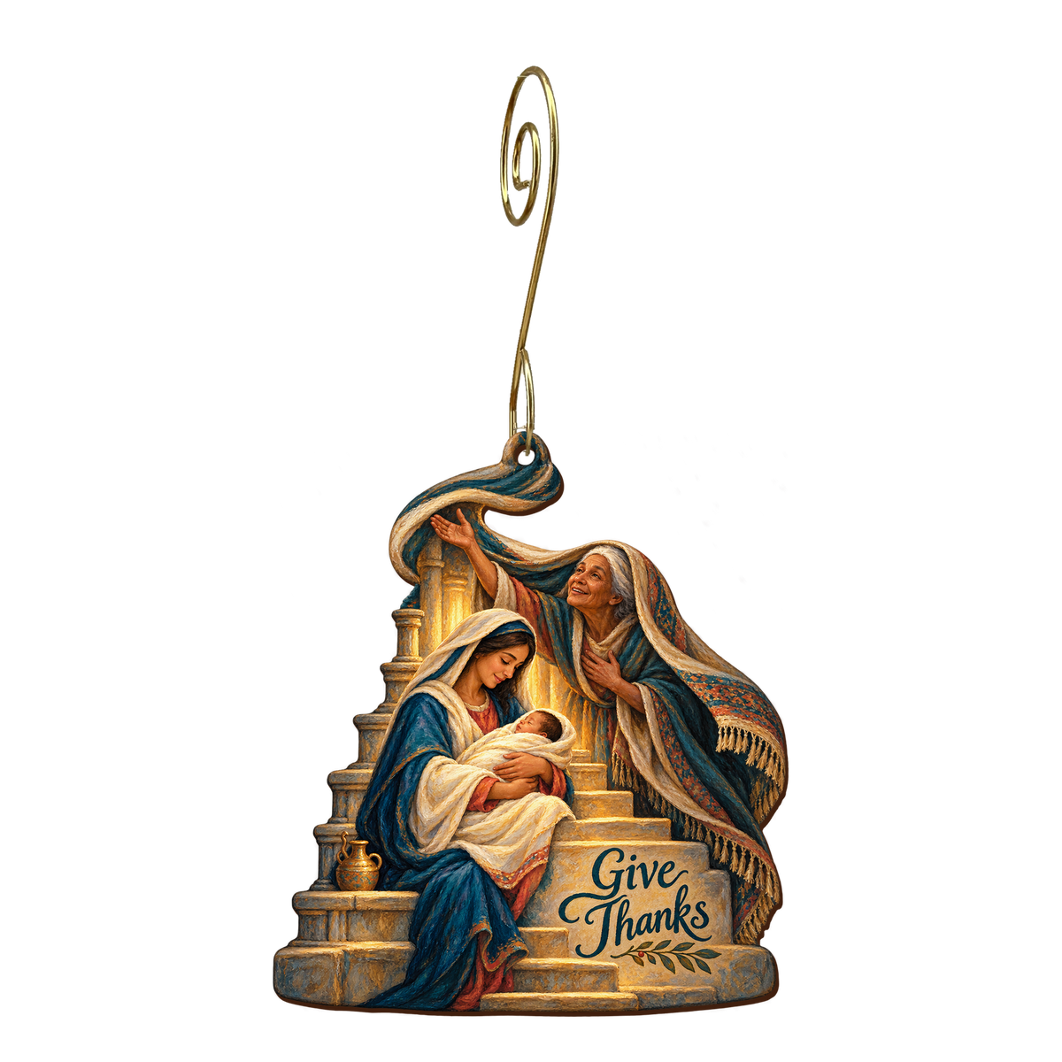 O862 — Steps of Thanksgiving wooden Nativity ornament with gold spiral hook
