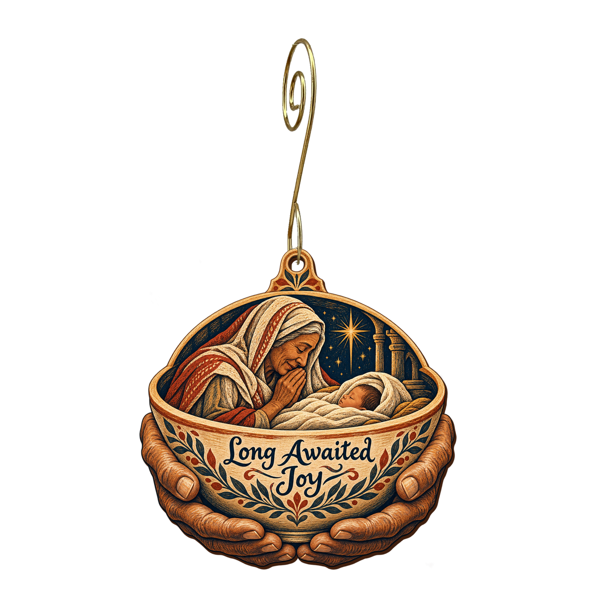 O863 — The Waiting Bowl wooden Nativity ornament with gold spiral hook