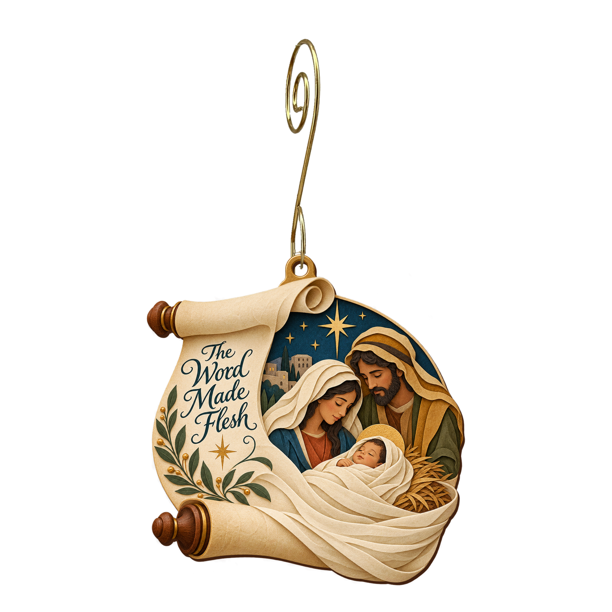 O864 — A Scroll Becomes Swaddling wooden Nativity ornament with gold spiral hook