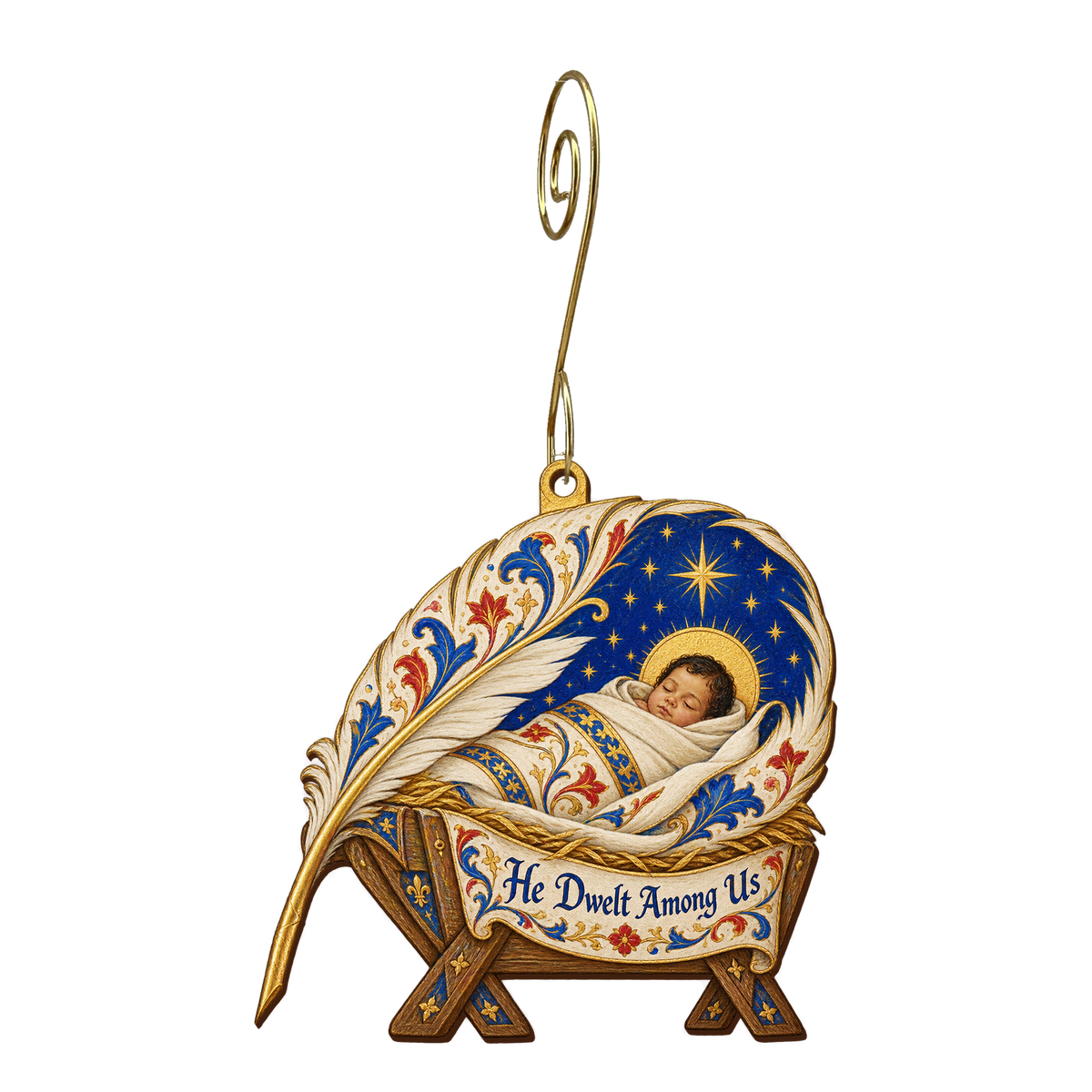 O865 — The Scribe's Rest wooden Nativity ornament with gold spiral hook