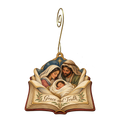 O866 — Pages Holding Promise wooden Nativity ornament with gold spiral hook