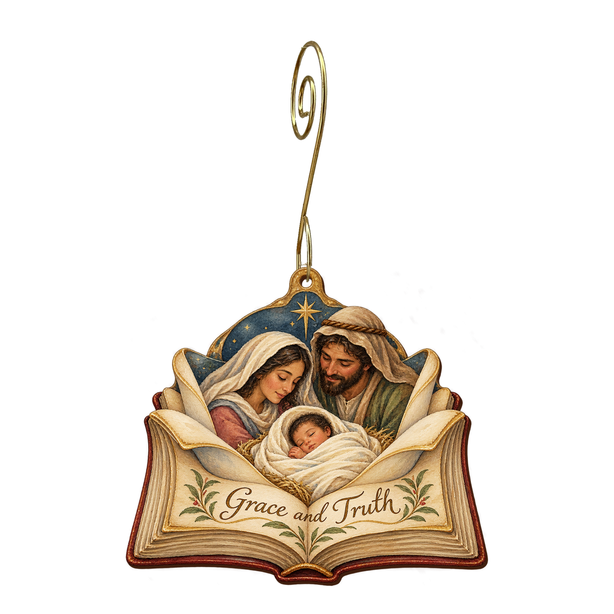 O866 — Pages Holding Promise wooden Nativity ornament with gold spiral hook
