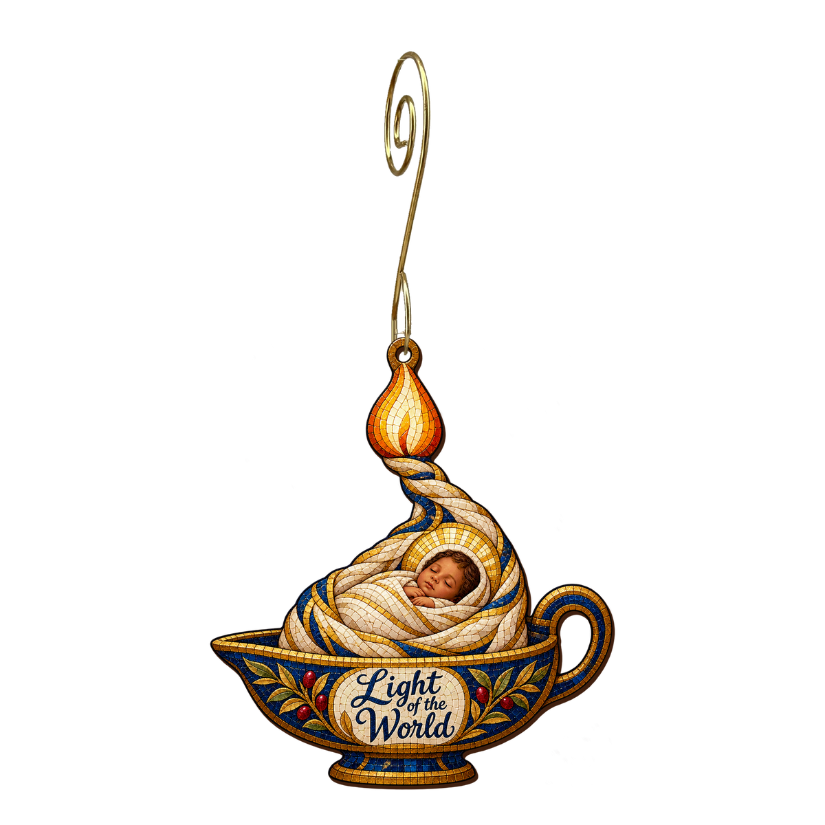 O867 — The Wick and the Wonder wooden Nativity ornament with gold spiral hook