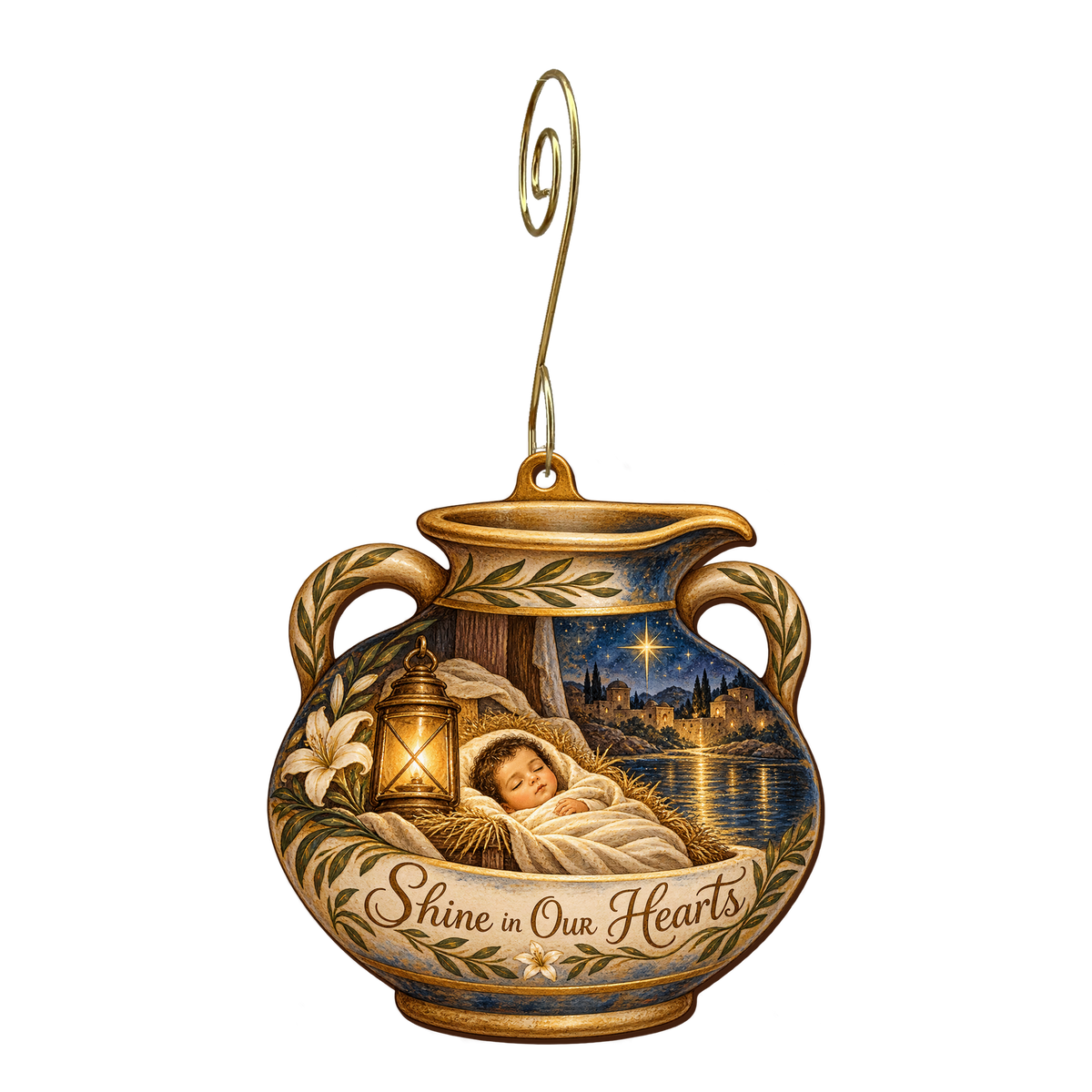 O868 — Light on the Water Jar wooden Nativity ornament with gold spiral hook