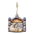 O869 — The Gatekeeper's Child wooden Nativity ornament with gold spiral hook