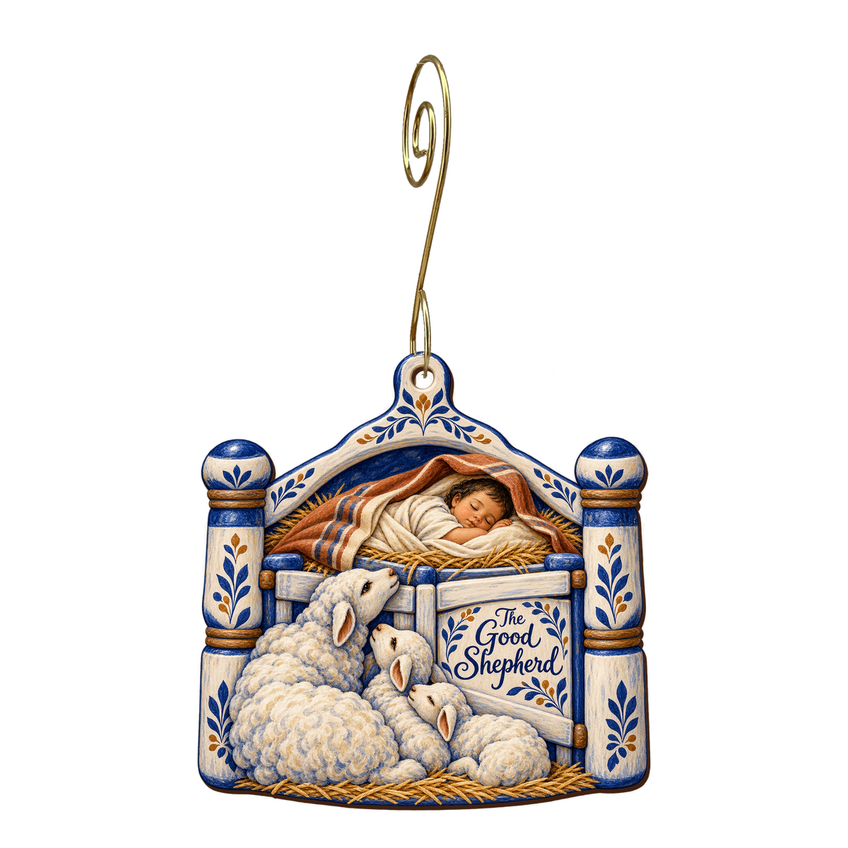O869 — The Gatekeeper's Child wooden Nativity ornament with gold spiral hook