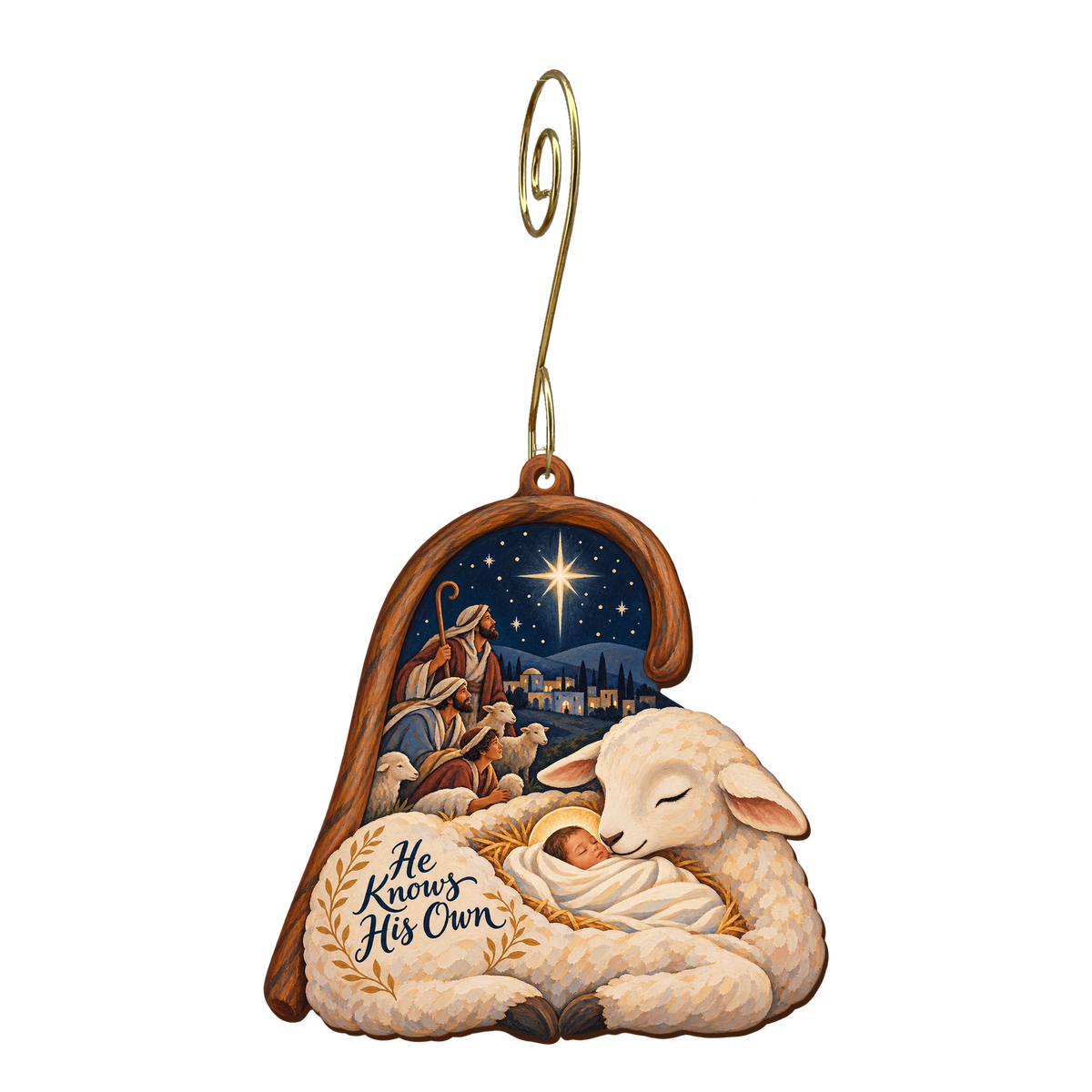 O870 — A Crook Around the Cradle wooden Nativity ornament with gold spiral hook