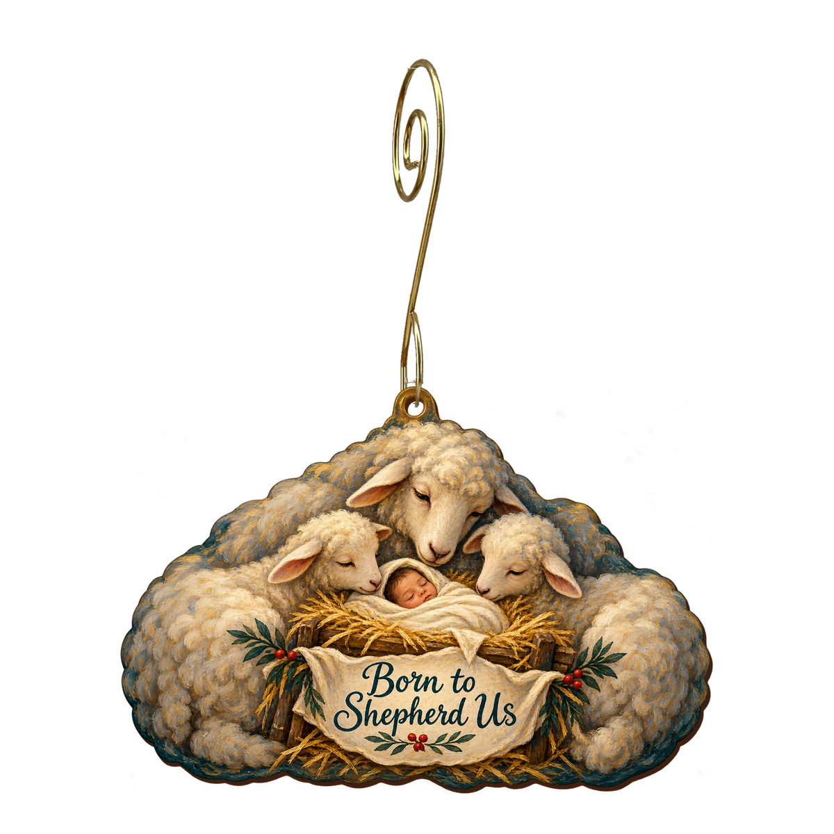 O871 — The Fold Holds Its Shepherd wooden Nativity ornament with gold spiral hook