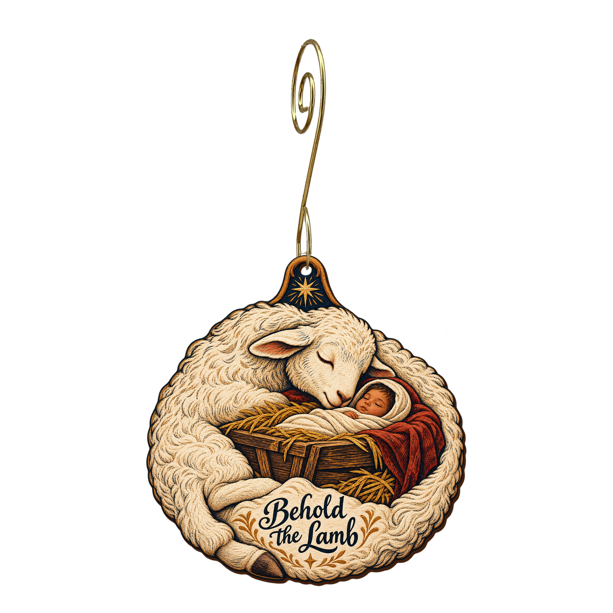 O872 — The Lamb's Quiet Rest wooden Nativity ornament with gold spiral hook