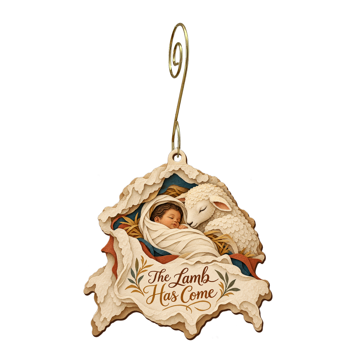 O873 — Fleece Becomes Swaddling wooden Nativity ornament with gold spiral hook