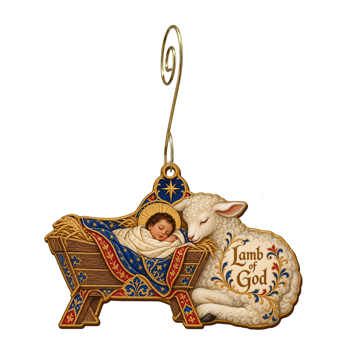 O874 — The Manger and the Lamb wooden Nativity ornament with gold spiral hook