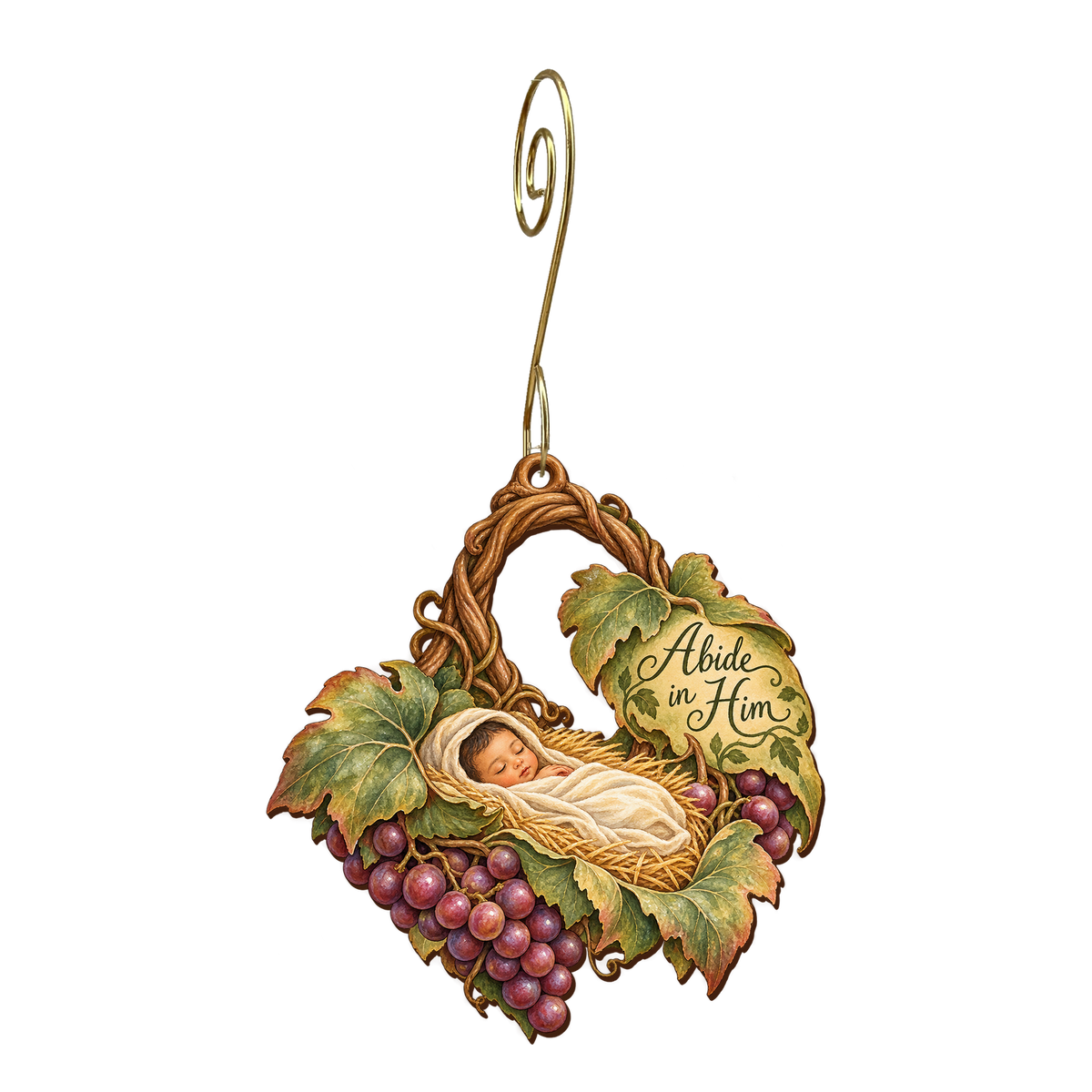 O875 — The Vine Cradles Its Root wooden Nativity ornament with gold spiral hook