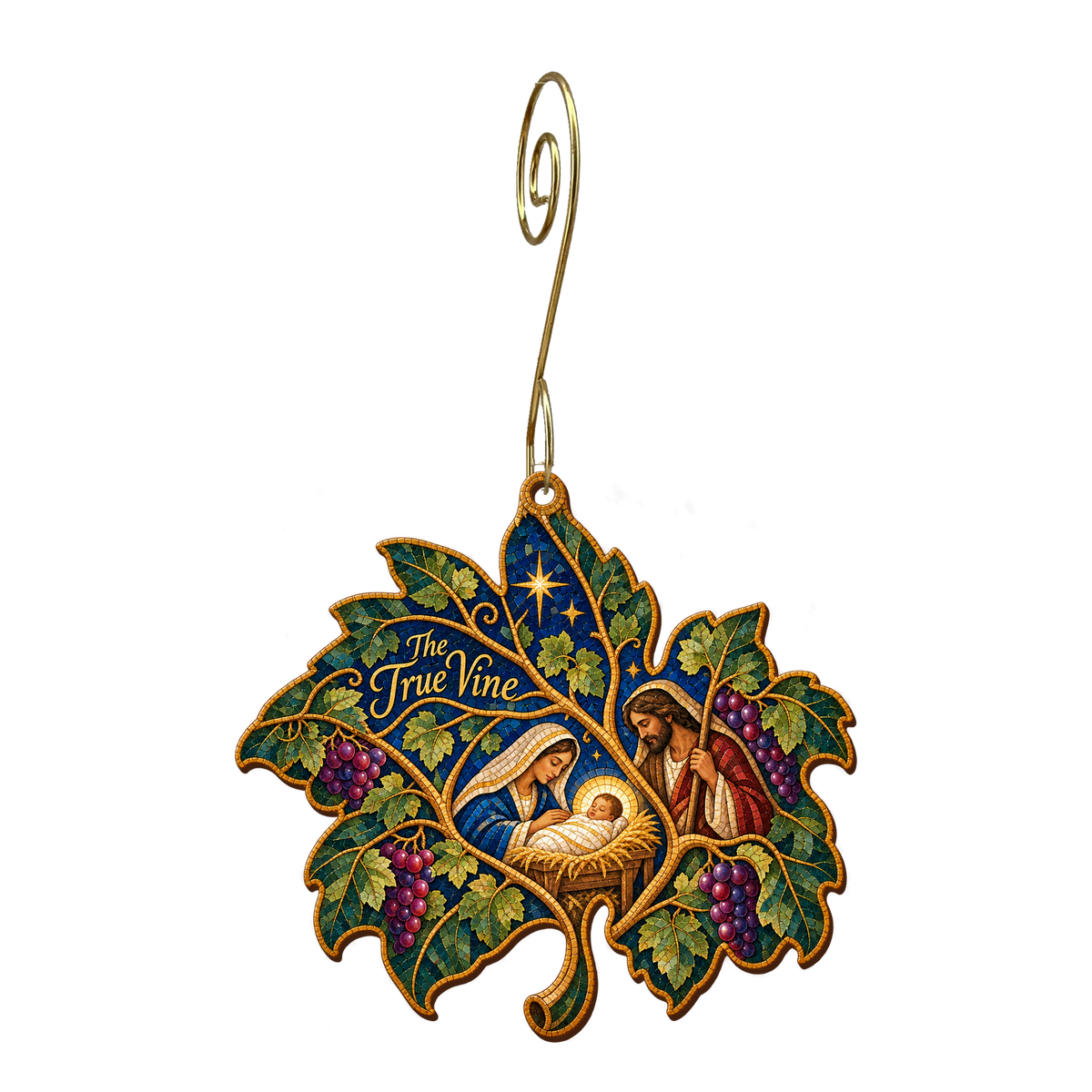 O876 — The Leaf and the Life wooden Nativity ornament with gold spiral hook