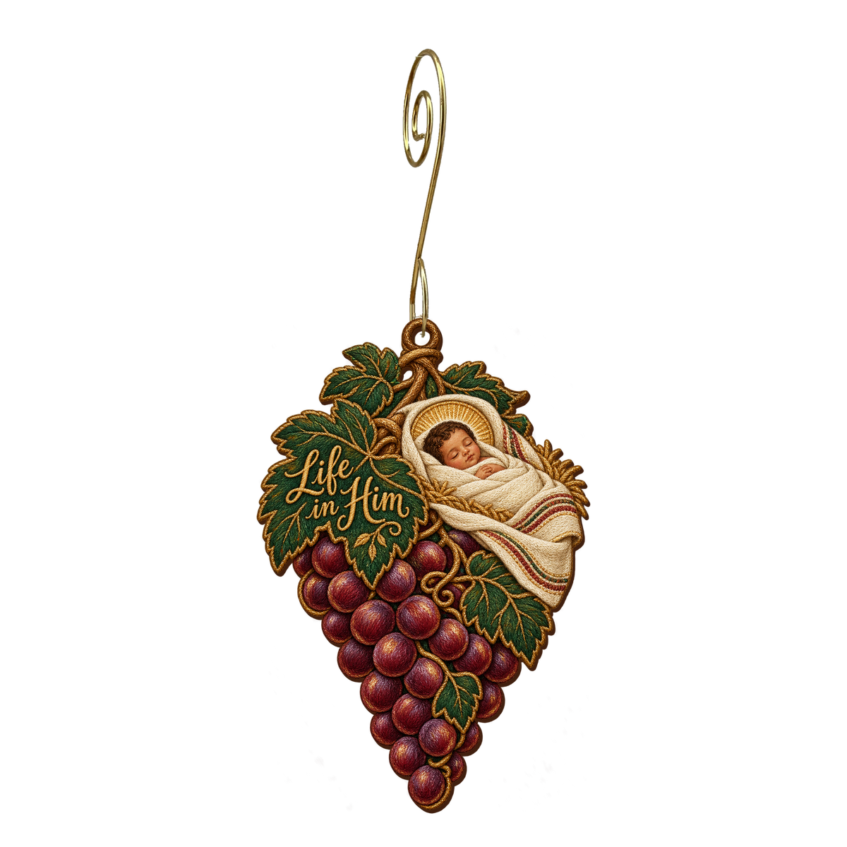 O877 — Fruit of the Promise wooden Nativity ornament with gold spiral hook