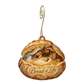 O878 — The Broken Loaf Cradle wooden Nativity ornament with gold spiral hook