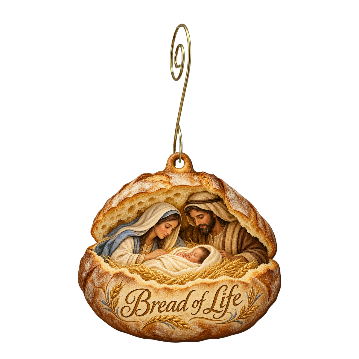 O878 — The Broken Loaf Cradle wooden Nativity ornament with gold spiral hook