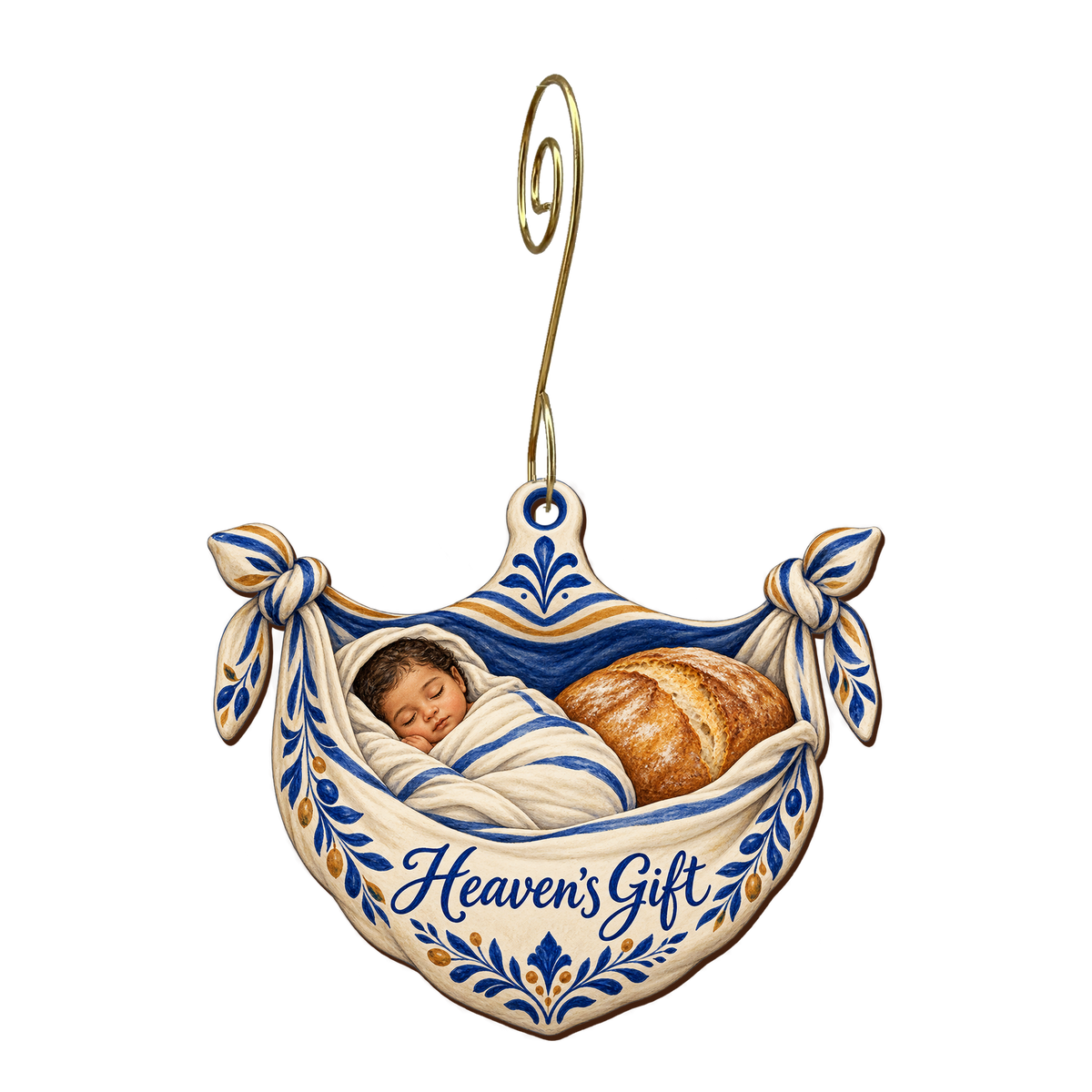 O879 — The Baker's Linen wooden Nativity ornament with gold spiral hook