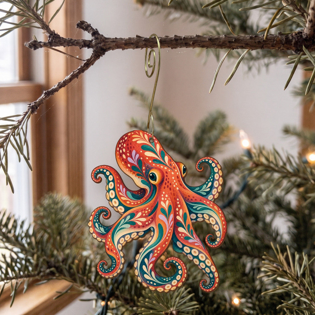 Laser-cut maple wood Giant Pacific Octopus folk art ornament O87 hanging on a fir branch, made in USA