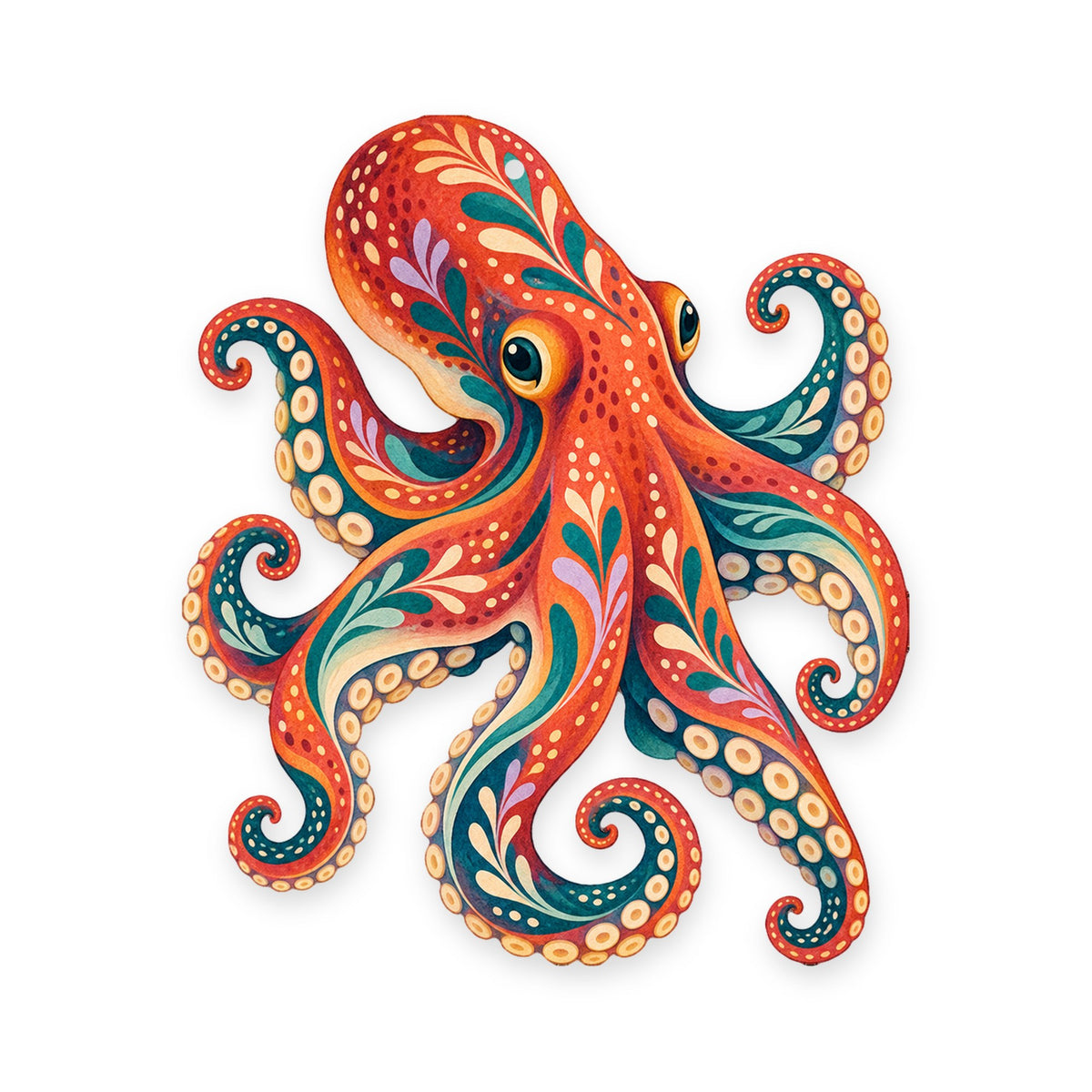 Giant Pacific Octopus folk art ornament O87 on white, laser-cut maple wood, made in USA