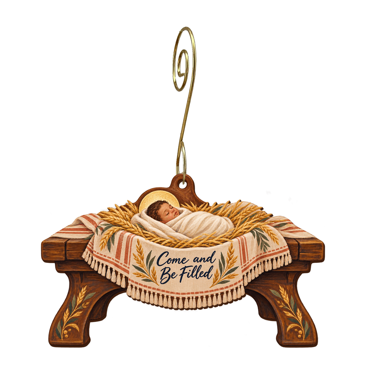 O880 — Bread on the Low Table wooden Nativity ornament with gold spiral hook