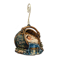 O881 — The Well Bucket Cradle wooden Nativity ornament with gold spiral hook