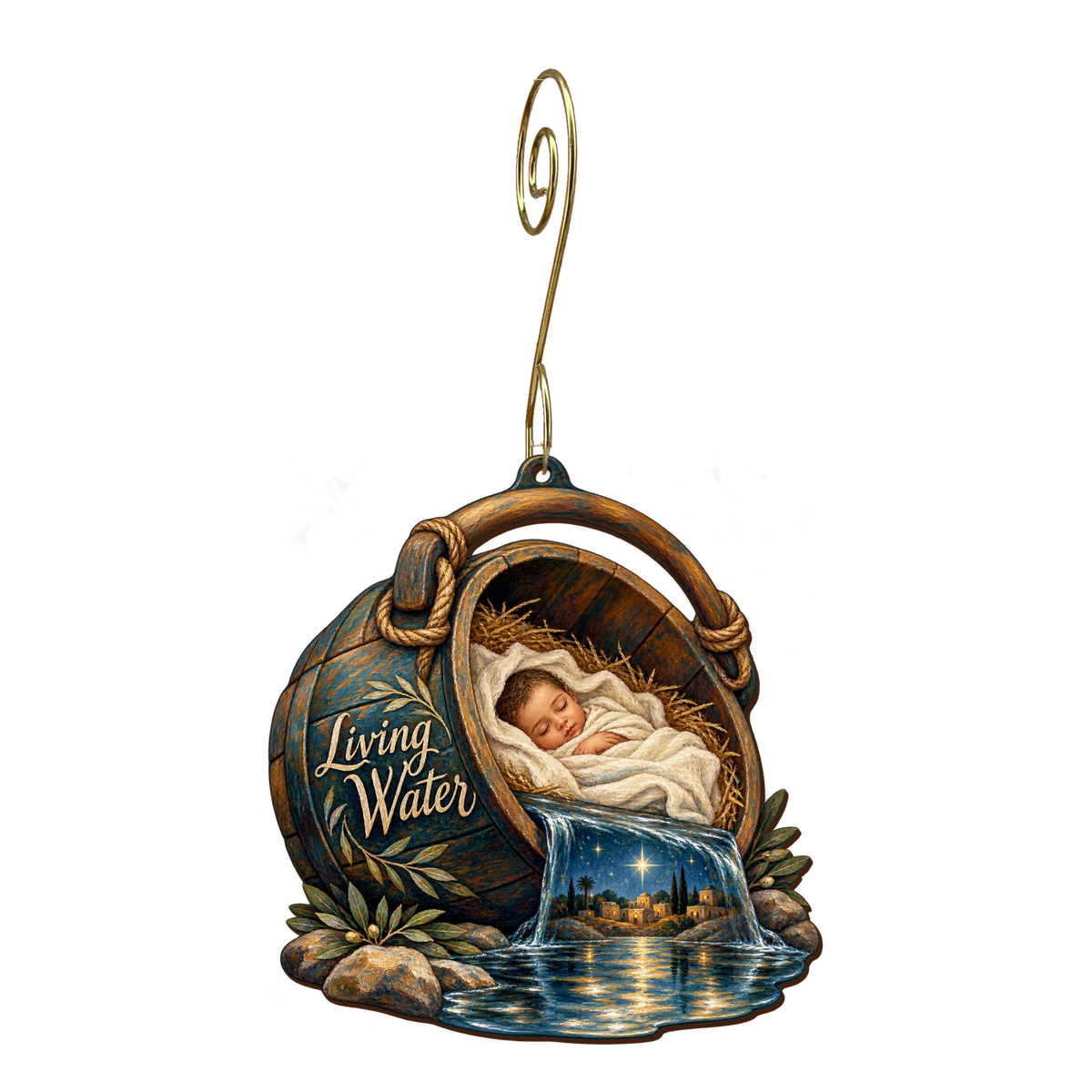 O881 — The Well Bucket Cradle wooden Nativity ornament with gold spiral hook