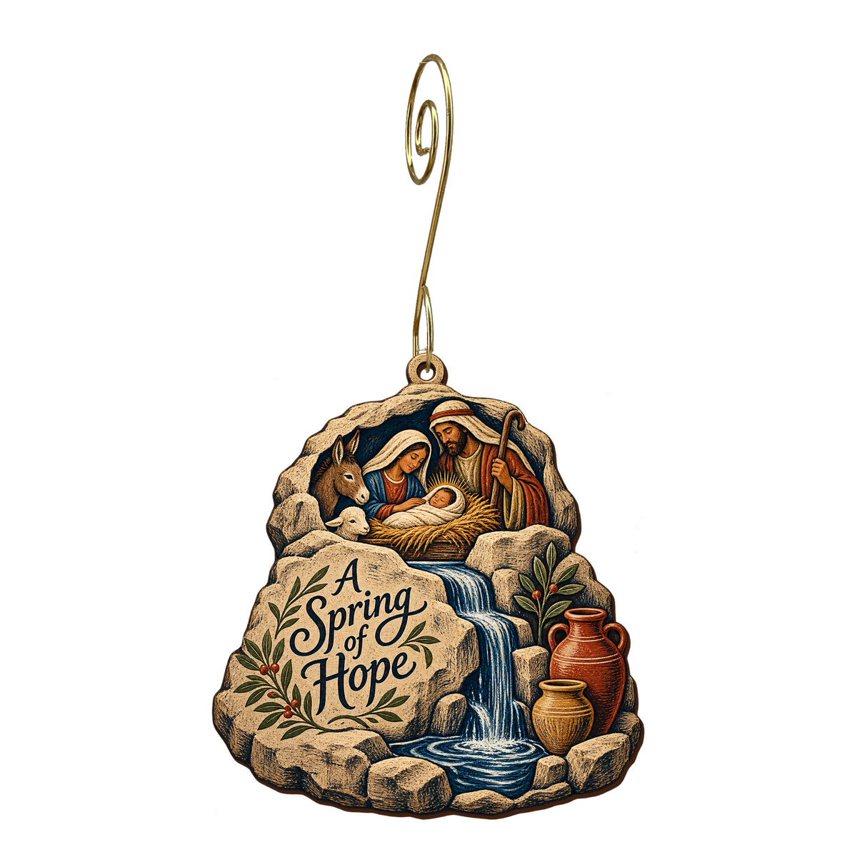 O882 — The Spring in the Stone wooden Nativity ornament with gold spiral hook