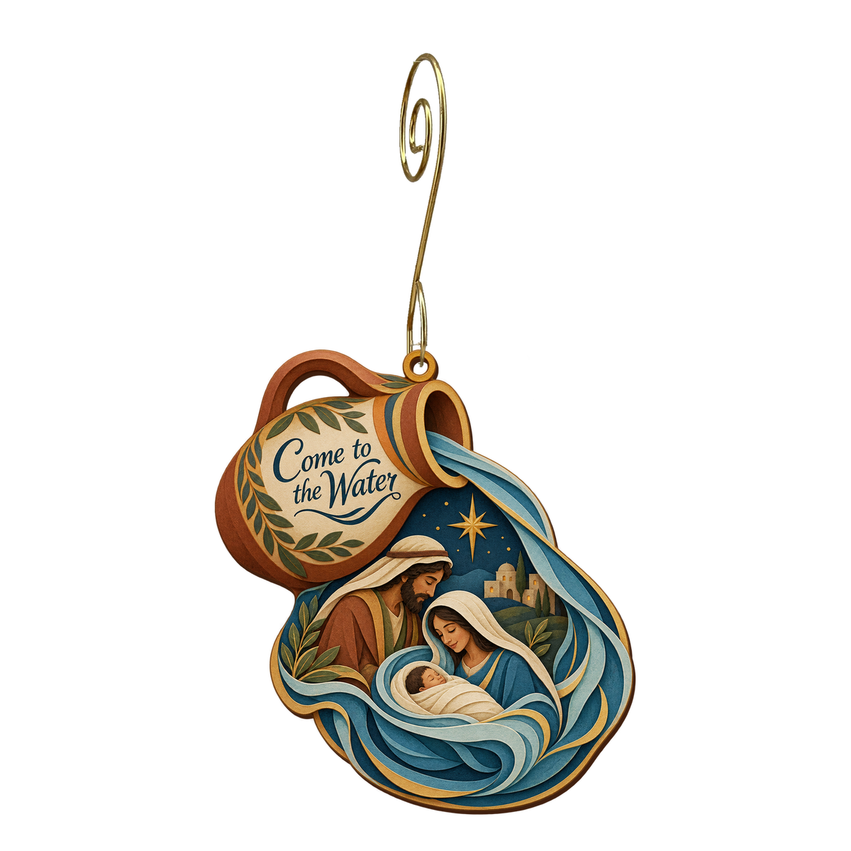 O883 — The Pouring Promise wooden Nativity ornament with gold spiral hook