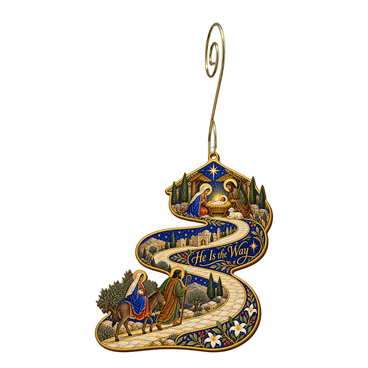 O884 — The Road Becomes a Cradle wooden Nativity ornament with gold spiral hook