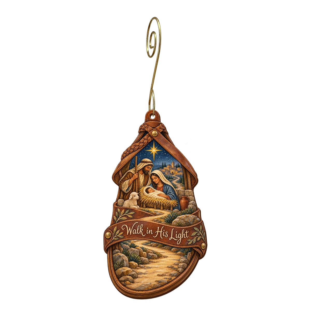 O885 — The Traveler's Sandal wooden Nativity ornament with gold spiral hook