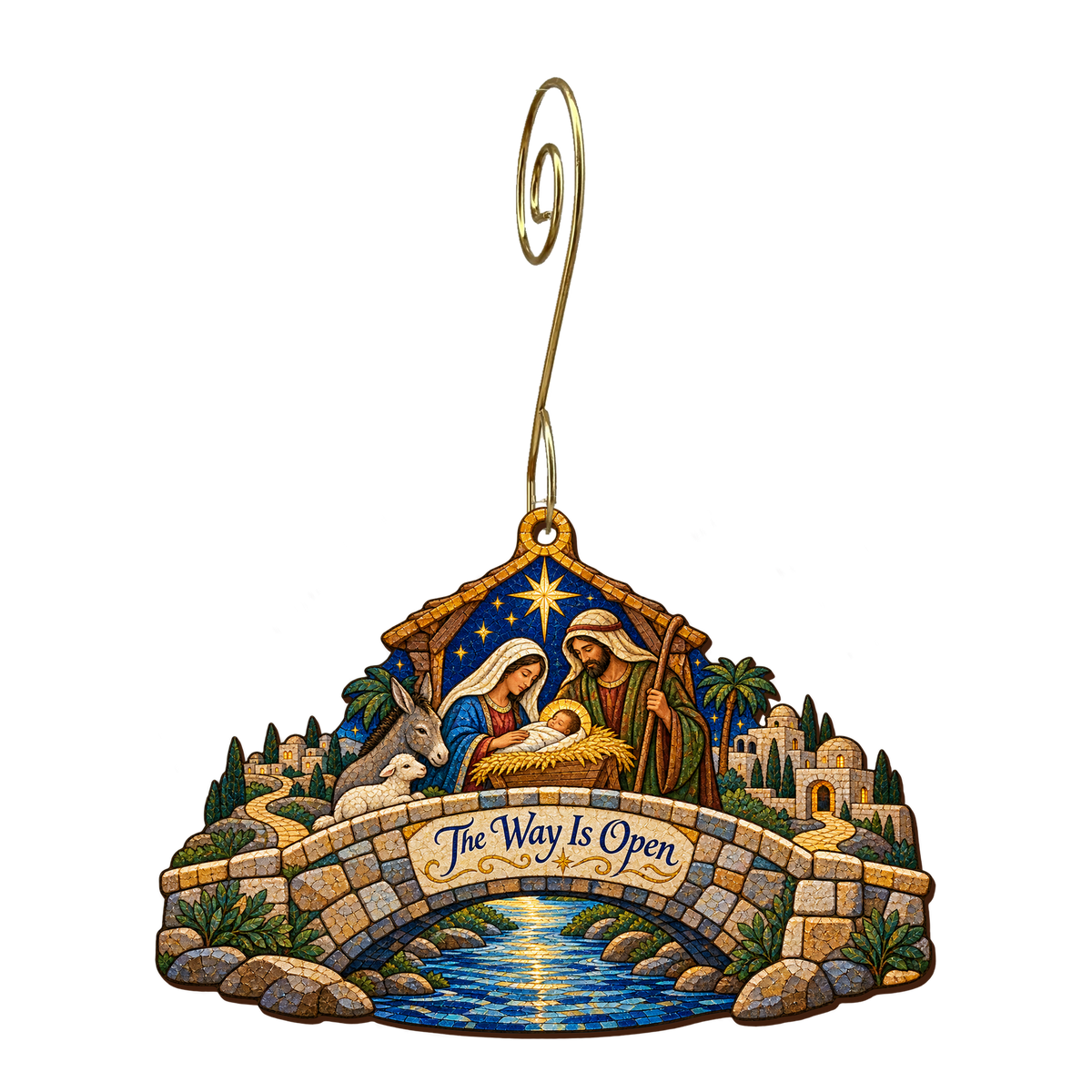 O886 — The Bridge to Bethlehem wooden Nativity ornament with gold spiral hook