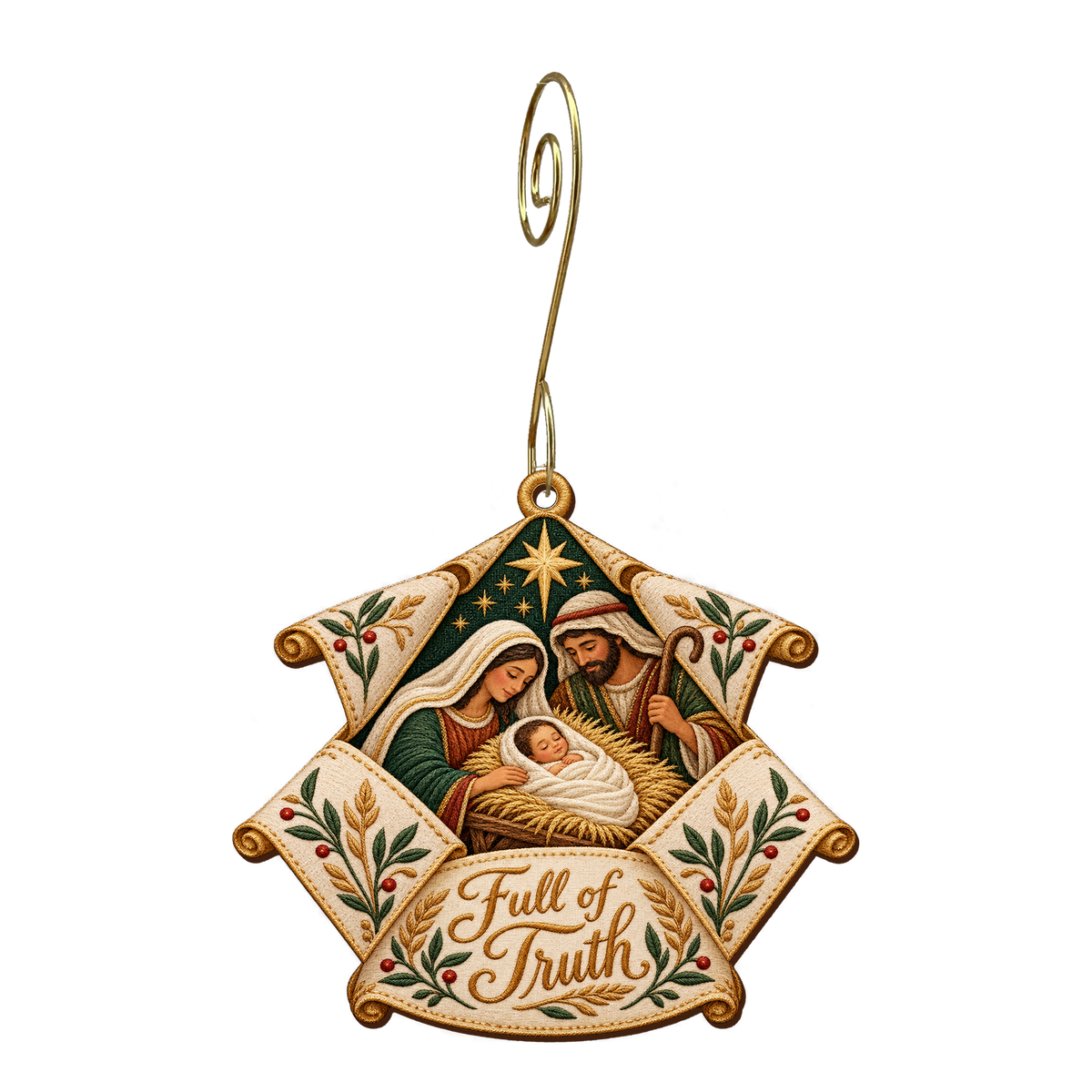 O887 — Truth Unfolds wooden Nativity ornament with gold spiral hook