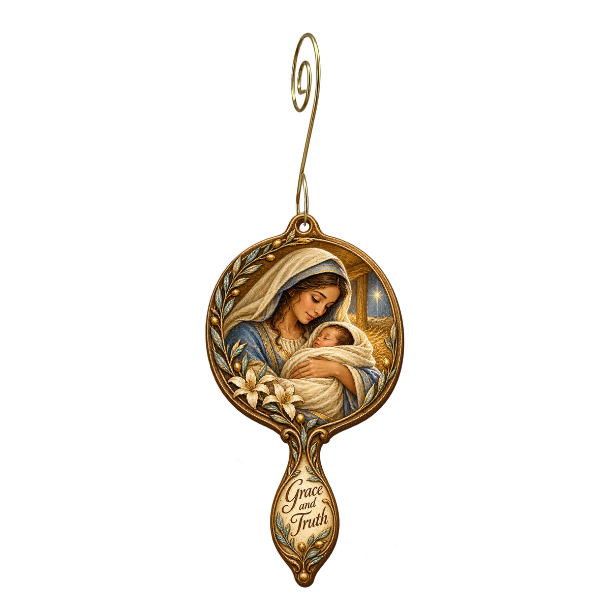 O888 — The Clear Reflection wooden Nativity ornament with gold spiral hook
