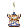 O889 — The Open Record wooden Nativity ornament with gold spiral hook