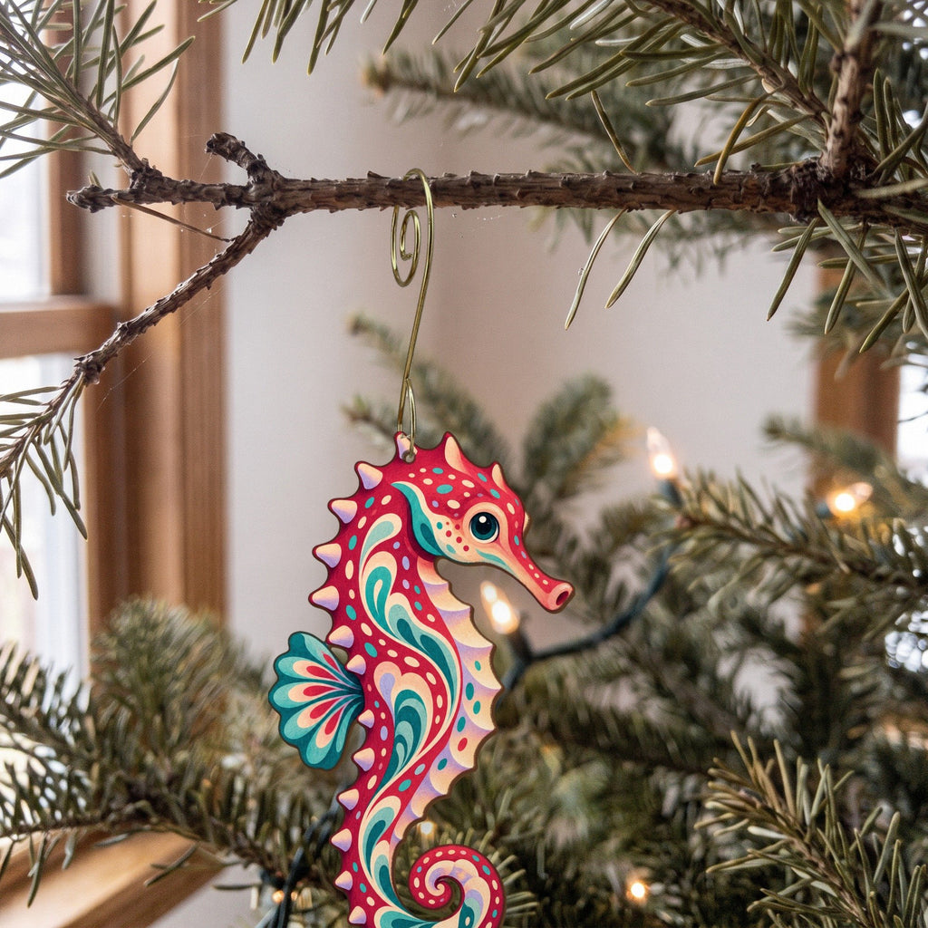 Laser-cut maple wood Common Seahorse folk art ornament O88 hanging on a fir branch, made in USA