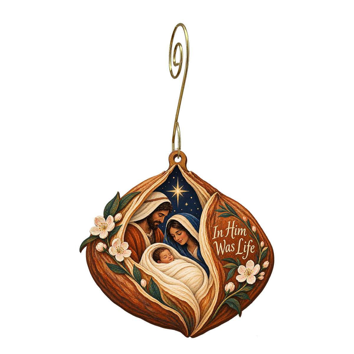 O890 — Life in the Seed wooden Nativity ornament with gold spiral hook