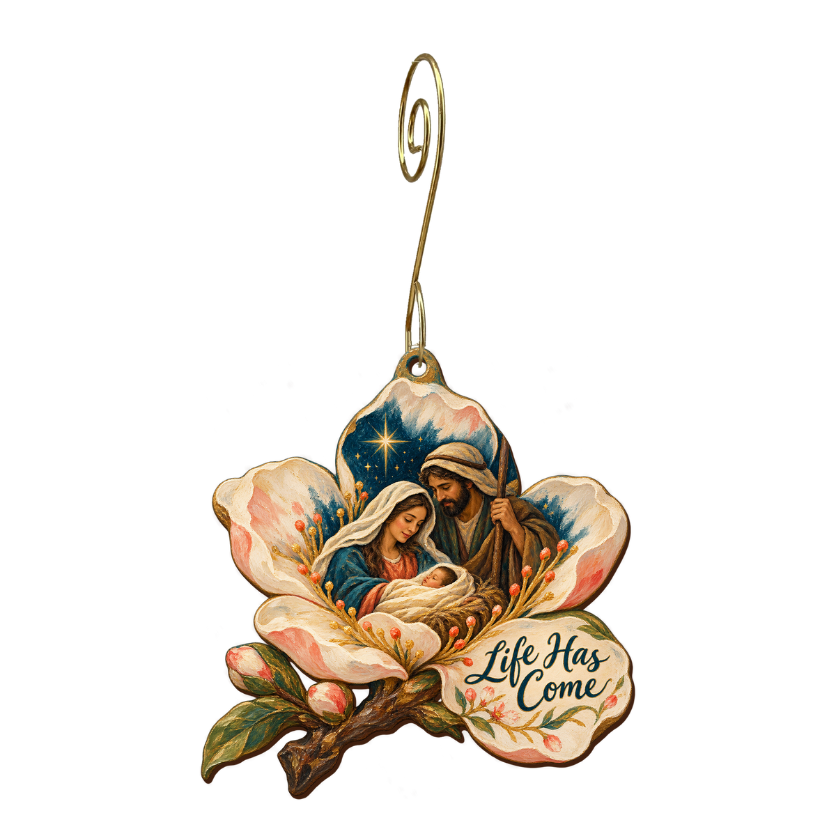 O891 — The Blossom's Cradle wooden Nativity ornament with gold spiral hook