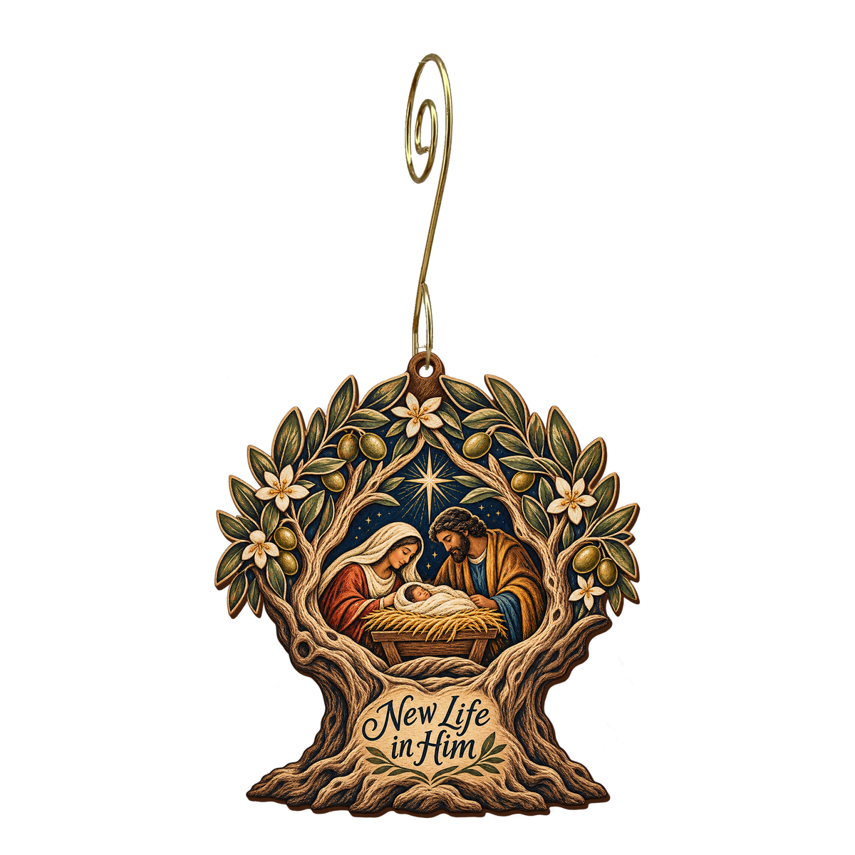 O892 — The Living Stump wooden Nativity ornament with gold spiral hook