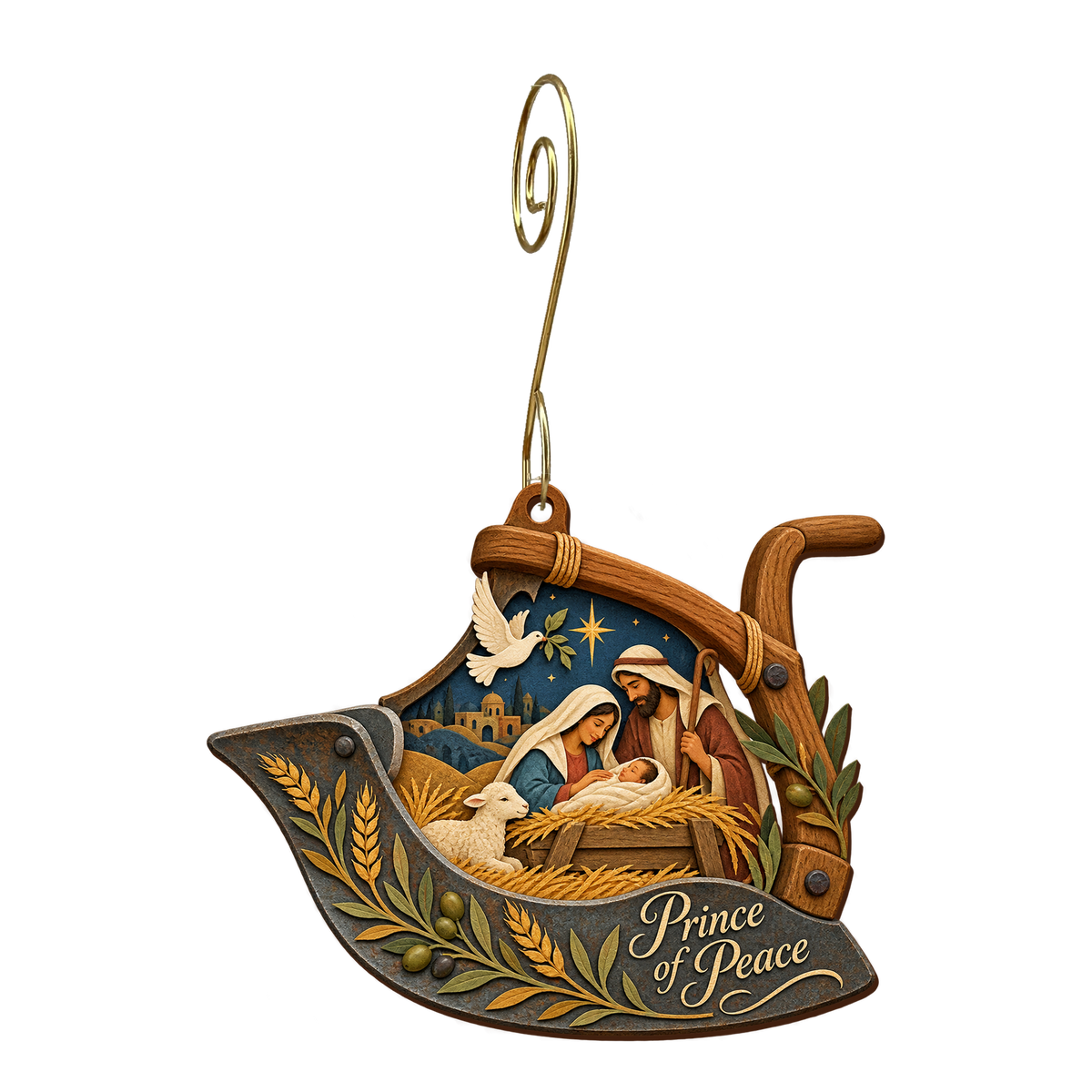 O893 — The Plowshare Promise wooden Nativity ornament with gold spiral hook