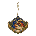 O894 — The Bow Laid Down wooden Nativity ornament with gold spiral hook