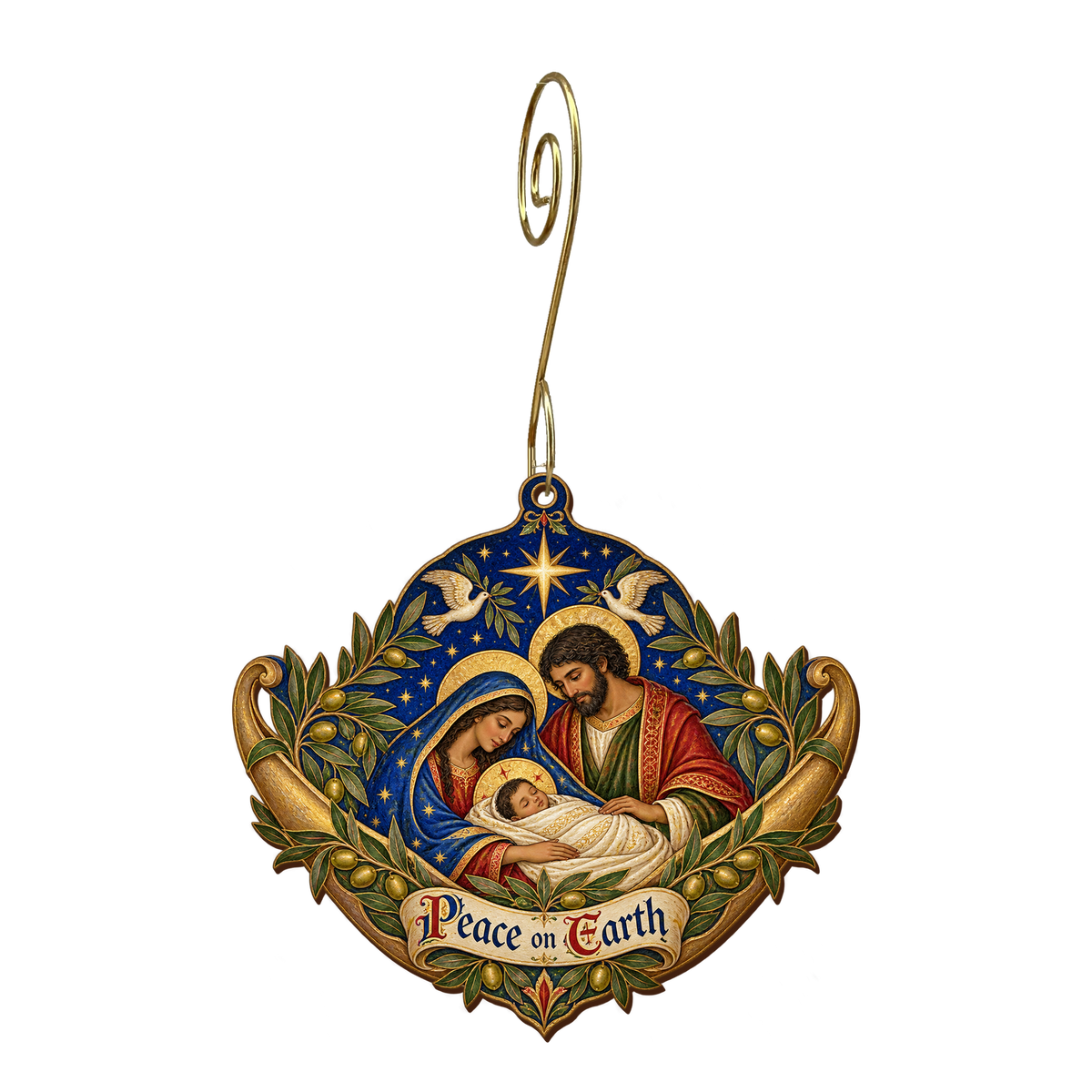 O894 — The Bow Laid Down wooden Nativity ornament with gold spiral hook