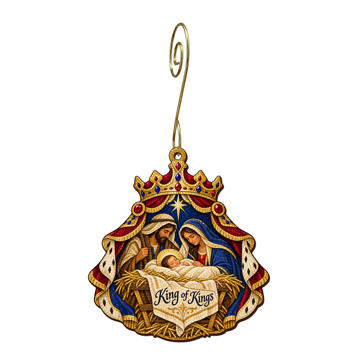 O895 — Royal Velvet Straw wooden Nativity ornament with gold spiral hook
